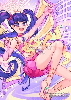 1girl akuo armpits artist_name bare_shoulders barefoot_sandals_(jewelry) blue_hair blue_pupils blunt_bangs bottle bow bowtie bubble_skirt choker commentary crop_top dot_nose elbow_gloves enchantix english_commentary eyelashes eyeshadow fairy fairy_wings frilled_skirt frills full_body glitter gloves hair_ornament hair_scrunchie halftone halftone_background instagram_username light_blush lipstick long_hair magical_girl makeup midriff mini_tiara miniskirt musa_(winx_club) musical_note nail_polish open_mouth pink_choker pink_eyeshadow pink_gloves pink_lips pink_nails pink_scrunchie pink_shirt pink_skirt pointing pointing_forward purple_background purple_eyes scrunchie shirt signature single_strap sitting skirt sleeveless sleeveless_shirt smile solo sparkle teeth tiara toenail_polish toenails toes twintails twitter_username two-tone_background upper_teeth_only very_long_hair watermark wavy_hair wings winx_club yellow_background yellow_bow yellow_bowtie yellow_wings