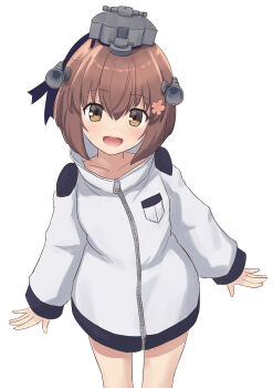 1girl blush brown_eyes brown_hair cowboy_shot flower hair_flower hair_ornament headgear highres jacket kantai_collection long_sleeves looking_at_viewer neckerchief open_mouth short_hair simple_background smile solo white_background white_jacket yuki_4040 yukikaze_(kancolle) yukikaze_kai_ni_(kancolle)