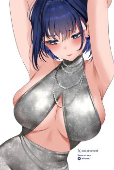 1girl alternate_costume arms_up averting_eyes blue_eyes blue_hair bow bow_earrings breasts cleavage closed_mouth commentary dress earrings fanged_bangs grey_dress hair_intakes highres hololive hololive_english jewelry large_breasts necklace oioi_ainomo ouro_kronii paid_reward_available short_hair simple_background skin_tight solo upper_body virtual_youtuber white_background