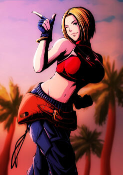 Rule 34 | 1girl, belt, blade43883059, blonde hair, blue eyes, blue gloves, blue mary, blue pants, breasts, brown belt, fatal fury, female focus, gloves, jewelry, large breasts, loose belt, necklace, outdoors, palm tree, pants, snk, solo, star (symbol), the king of fighters, the king of fighters xv, tree