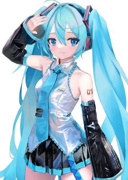 1girl aqua_eyes aqua_hair aqua_nails aqua_necktie aqua_trim arm_tattoo arm_up bare_shoulders black_skirt black_sleeves breasts character_name character_name_tattoo closed_mouth collarbone collared_shirt commentary_request detached_sleeves grey_shirt hair_between_eyes hair_ornament hatsune_miku headphones headset highres long_hair long_sleeves medium_breasts miniskirt necktie number_tattoo pleated_skirt shirt simple_background skirt sleeveless sleeveless_shirt sleeves_past_wrists solo takepon1123 tattoo twintails very_long_hair vocaloid white_background