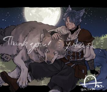 1boy animal_ears ano_amesuke belt blue_hair commentary_request commission facial_scar full_moon grass grey_eyes letterboxed male_focus moon night night_sky original outside_border scar scar_across_eye scar_on_cheek scar_on_face scar_on_nose signature single_shoulder_pad sitting skeb_commission sky solo star_(sky) starry_sky tail translation_request watermark wolf wolf_boy wolf_ears wolf_tail