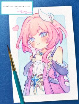 1girl bare_shoulders blue_eyes blush cyrene_(aedes_elysiae)_(honkai:_star_rail) cyrene_(honkai:_star_rail) dress heart highres honkai:_star_rail honkai_(series) looking_at_viewer medium_hair nasuke pink_hair solo