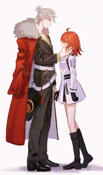 Rule 34 | 1boy, 1girl, absurdres, ahoge, black gloves, coat, coat on shoulders, dress, dress pants, fate/grand order, fate (series), fomnant, formal clothes, fujimaru ritsuka (female), fujimaru ritsuka (female) (decisive battle chaldea uniform), full body, fur-trimmed coat, fur trim, gloves, grey eyes, grey hair, gunbai, half updo, hand on another's cheek, hand on another's face, highres, jacket, long sleeves, medium hair, orange eyes, orange hair, pinstripe jacket, pinstripe pattern, pinstripe suit, red coat, sash, short hair, suit, takeda shingen (fate), takeda shingen (first ascension) (fate), waist sash, war fan, white dress, yellow eyes