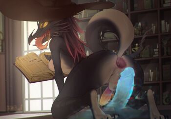 1girl after_anal ass book breasts brown_hat colored_sclera completely_nude futanari hat highres lizard_tail long_tongue medium_breasts nipples nude open_book orange_sclera original penis pita-potato reptile_girl shelf smile tail testicles tongue tongue_out window witch_hat ych_commission