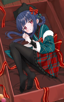 1girl black_pantyhose blue_hair blush box braid braided_hair_rings christmas eluthel from_above full_body hair_rings hat hat_with_ears highres idolmaster idolmaster_cinderella_girls in_box in_container japanese_clothes kimono long_hair looking_at_viewer lying no_shoes on_side open_mouth pantyhose red_eyes ribbon sajo_yukimi soles solo