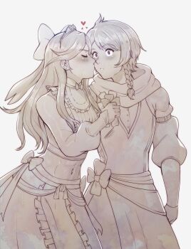 1boy 1girl abs absurdres blush bow braid clanne_(fire_emblem) clenched_hand closed_eyes commission couple crop_top dress etie_(fire_emblem) evomanaphy fire_emblem fire_emblem_engage greyscale hair_bow hetero highres kiss long_hair monochrome muscular muscular_female nintendo second-party_source surprise_kiss surprised tiara wide-eyed