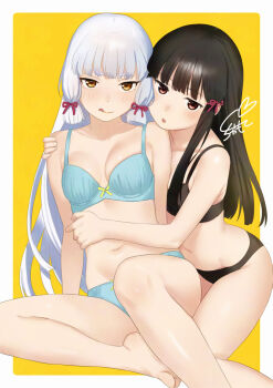 Rule 34 | 2girls, black bra, black hair, black panties, blue bra, blue panties, blunt bangs, blunt tresses, bra, breasts, brown eyes, feet out of frame, grey hair, hair ribbon, hatsuyuki (kancolle), kantai collection, long hair, multiple girls, murakumo (kancolle), panties, ribbon, sakiecho, signature, small breasts, tress ribbon, underwear, underwear only