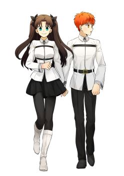 1boy 1girl black_pantyhose boots brown_hair cosplay emiya_shirou fate/grand_order fate/stay_night fate_(series) fujimaru_ritsuka_(female) fujimaru_ritsuka_(female)_(cosplay) fujimaru_ritsuka_(male) fujimaru_ritsuka_(male)_(cosplay) knee_boots orange_hair pantyhose skirt sukinakoto tohsaka_rin two_side_up white_footwear yellow_eyes