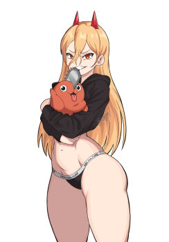 1girl absurdres artist_name black_panties blonde_hair breasts carrying chainsaw chainsaw_man cross-shaped_pupils demon_girl demon_horns devil_girl demon_horns dog highres hood hoodie horns large_breasts long_hair long_sleeves looking_at_viewer mg991998 navel no_pants orange_eyes panties pochita_(chainsaw_man) power_(chainsaw_man) sharp_teeth simple_background smile solo stomach symbol-shaped_pupils teeth thick_thighs thighs underwear white_background