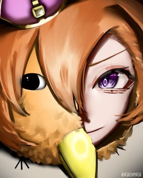 1girl absurdres ashenmash beak bird closed_mouth commentary cracked_kawaii_mask cracked_mask crown english_commentary hair_between_eyes highres horse_girl looking_at_viewer mask mini_crown orange_hair pink_crown portrait purple_eyes short_hair smile solo t.m._opera_o_(umamusume) umamusume