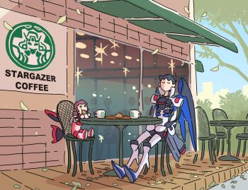 Rule 34 | 1boy, 1girl, 8823, aile strike rouge, black hair, brand name imitation, chair, coffee mug, commentary request, cup, falling leaves, food, freedom gundam, green eyes, gundam, gundam seed, gundam seed c.e. 73: stargazer, gundam stargazer, highres, humanization, leaf, logo parody, mechanical wings, mug, on chair, outdoors, red hair, short hair, sitting, starbucks, strike rouge, wings