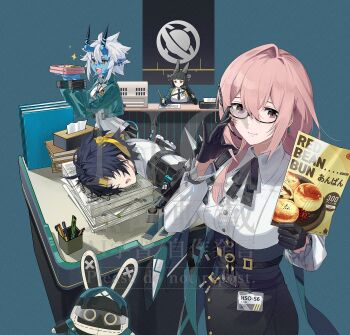 1boy 3girls animal_ears asaba_harumasa bangboo_(zenless_zone_zero) black_gloves black_hair black_skirt blunt_bangs brown_eyes closed_mouth desk dress_shirt fingerless_gloves fox_ears fox_girl glasses gloves green_jacket hair_between_eyes headband highres horns hoshimi_miyabi jacket long_hair multiple_girls oni open_clothes open_jacket open_mouth paper_stack parted_bangs pink_eyes pink_hair pointy_ears red_eyes shidare_(youh4016) shirt sidelocks skirt sleeping smile soukaku_(zenless_zone_zero) sparkle teeth tsukishiro_yanagi white_hair white_shirt writing yellow_headband zenless_zone_zero