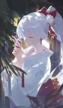 1girl bad_source blush bow closed_eyes craft_essence_(fate) earrings fate/grand_order fate_(series) hair_bow japanese_clothes jewelry kimono long_hair modare official_alternate_costume official_art ponytail red_bow solo tomoe_gozen_(fate) tomoe_gozen_(someday_we_can_cross_through_the_river_of_stars)_(fate) upper_body very_long_hair white_hair white_kimono