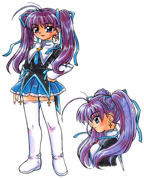 Rule 34 | 1girl, absurdres, antenna hair, arm warmers, black shirt, blue eyes, blue hair, blue necktie, blue skirt, boots, closed mouth, coattails, commentary request, cropped torso, cross, cross earrings, earrings, from side, full body, hair ribbon, hand on own hip, highres, jewelry, kokomahi, latin cross, long hair, looking at viewer, multiple views, necktie, official art, pleated skirt, puritan collar, quintet (drama cd), ranko (quintet), ribbon, school uniform, shirt, simple background, skirt, smile, standing, tailcoat, thigh boots, thighhighs, twintails, white arm warmers, white background, white boots, zettai ryouiki