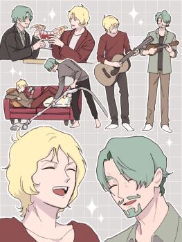 2boys acoustic_guitar aihifgo beard blonde_hair brown_background challia_bull char_aznable closed_eyes couch cup drinking_glass eating facial_hair food green_hair grid_background guitar gundam gundam_gquuuuuux holding holding_cup holding_food holding_instrument holding_pizza holding_ukulele holding_vacuum_cleaner instrument jacket long_sleeves lying male_focus multiple_boys multiple_views music mustache on_couch open_mouth pants pizza playing_guitar playing_instrument shirt short_hair smile sparkle thick_eyebrows ukulele vacuum_cleaner wine_glass