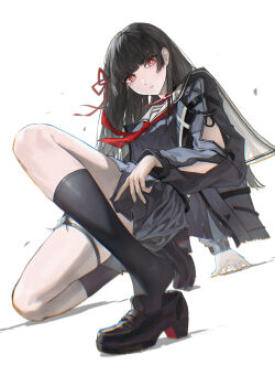 1girl absurdres arm_cutout arm_support black_hair black_jacket black_shirt black_skirt black_socks blunt_bangs chisa_(wuthering_waves) clothing_cutout commentary dynamic_pose hair_ribbon highres jacket loafers long_hair long_sleeves looking_at_viewer neckerchief parted_lips red_eyes red_neckerchief red_ribbon ribbon sailor_collar shirt shoes skirt socks solo white_sailor_collar wuthering_waves xiyaya