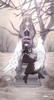 1girl amamiya_yuuko angel_wings bare_tree black_dress black_hair black_shoes capelet dress ef_(visual_novel) fur-trimmed_capelet fur_trim habuti hair_between_eyes hat high_heels highres long_hair looking_at_viewer outdoors pale_skin pom_pom_(clothes) shoes sitting snow solo statue tree wings winter