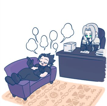 105zz 2boys armor black_boots black_coat black_gloves black_hair black_pants black_shirt blank_speech_bubble boots chain chest_strap closed_eyes coat couch cross_scar crossed_ankles desk facial_scar final_fantasy final_fantasy_vii full_body gloves green_eyes grey_hair hair_slicked_back holding holding_pen long_hair male_focus medium_hair multiple_boys open_mouth pants paper_stack parted_bangs pauldrons pen reclining rug scar scar_on_cheek scar_on_face sephiroth shirt shoulder_armor sideburns sitting sleeveless sleeveless_turtleneck slit_pupils smile speech_bubble suspenders talking turtleneck white_background writing zack_fair