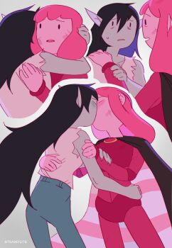 2girls absurdres adventure_time artist_name black_hair blush closed_eyes colored_skin grey_skin hand_on_another's_shoulder highres hug kiss long_hair marceline_abadeer multiple_girls parted_lips pink_skin princess_bonnibel_bubblegum steamylite yuri