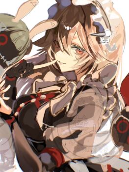 1girl alexandrina_sebastiane anastella_(zenless_zone_zero) bangboo_(zenless_zone_zero) black_dress black_gloves breasts brown_hair commentary_request dress drusilla_(zenless_zone_zero) finger_to_mouth from_side gloves hair_between_eyes highres large_breasts long_hair looking_at_viewer maid maid_headdress parted_lips partially_fingerless_gloves red_eyes simple_background smile upper_body very_long_hair white_background yonagiri_47 zenless_zone_zero