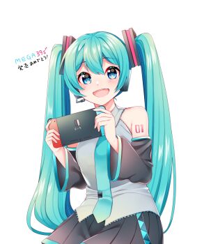 1girl absurdres aqua_eyes aqua_hair aqua_nails aqua_necktie aqua_trim arm_tattoo black_skirt blush collared_shirt detached_sleeves grey_shirt hair_between_eyes hair_ornament handheld_game_console hatsune_miku headset highres holding holding_handheld_game_console long_hair long_sleeves looking_at_viewer masumofu miniskirt necktie nintendo_switch number_tattoo open_mouth pleated_skirt shirt simple_background skirt smile solo tattoo translation_request twintails very_long_hair vocaloid white_background