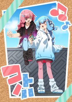 Rule 34 | 2girls, :d, absurdres, adapted costume, black hoodie, black shoes, black socks, blue hair, blue hoodie, blue pantyhose, blush, cellphone, cloud, commentary request, datemegane, day, eye contact, full body, hair between eyes, highres, holding, holding phone, hood, hood down, hoodie, kotonoha akane, kotonoha aoi, long hair, long sleeves, looking at another, multiple girls, musical note, open mouth, outdoors, outline, pantyhose, phone, pink hair, pink pantyhose, red eyes, shoes, short sleeves, siblings, sisters, sitting, smartphone, smile, socks, standing, voiceroid, white outline, white shoes, white socks