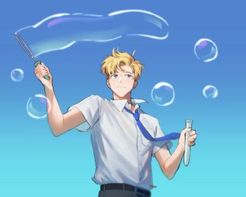 Rule 34 | 1boy, belt, black belt, blonde hair, blowing bubbles, blue eyes, blue necktie, blue sky, bubble, bubble wand, chi.: chikyuu no undou ni tsuite, collared shirt, grey pants, han orb, highres, holding, holding vial, light smile, male focus, necktie, pants, rafal (chi.), shirt, short hair, short sleeves, sky, solo, upper body, vial, white shirt