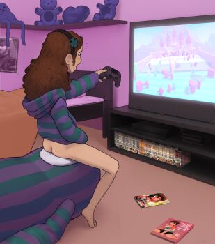 1girl ass barefoot bedroom black_hair blush body_freckles bottomless breasts brown_hair cari_(scari) controller fall_guys feet female_masturbation flat_chest freckles from_behind game_controller green_hoodie hair_ornament hairband highres holding holding_controller holding_game_controller hood hoodie loli long_hair masturbation playing playing_games purple_hoodie rustle small_breasts striped_clothes striped_hoodie stuffed_toy toes two-tone_hoodie vivian_james