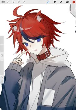 1boy animal_ear_fluff animal_ears antenna_hair art_program_in_frame blue_eyes blue_hair blue_jacket cat_ears chinese_commentary coat commentary_request drawstring fang finger_to_cheek grey_jacket highres hood hood_down hoodie jacket jacket_over_hoodie kemonomimi_mode long_sleeves male_focus multicolored_hair multicolored_jacket open_clothes open_jacket open_mouth procreate_(medium) procreate_(software) red_coat red_hair short_hair simple_background skin_fang sleeves_past_wrists solo streaked_hair sumino_takumi sweat tetsukawa the_hundred_line_-last_defense_academy- tsurime two-tone_hair two-tone_jacket upper_body white_background white_hoodie