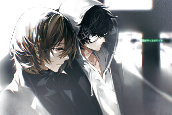 Rule 34 | 2boys, akechi gorou, amamiya ren, black hair, black jacket, black shirt, blurry, blurry background, brown eyes, brown hair, closed mouth, coldiron, drawstring, glasses, hair between eyes, hood, hood up, hoodie, jacket, light smile, male focus, multiple boys, persona, persona 5, profile, red pupils, shirt, short hair, turtleneck, upper body, white hoodie, white jacket, yaoi