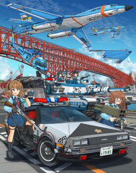 4girls active_protection_system aircraft airplane b-1_lancer b-2_spirit b-52_stratofortress back_to_the_future beacon blue_eyes bomb_bay bomber boots bridge brown_eyes brown_hair car caterpillar_tracks cloud commando_(movie) delorean fingerless_gloves flying_wing glasses gloves goggles goggles_on_headwear graphite_(medium) gull-wing_doors gun gun_shield handgun hat heavy_bomber helicopter helmet highres holster japan_national_police license_plate m1_abrams m202_flash machine_gun marlin_new_model_1895 mikeran_(mikelan) military military_vehicle minato_bridge motor_vehicle multiple-barrel_gun multiple_girls multishot_rocket_launcher necktie north_american_rockwell optical_sight original osaka_(city) penetrator_(aircraft) pistol police police_car police_hat police_helicopter police_uniform policewoman rocket_launcher rockwell_international scope see-through_clothes shield sleeves_rolled_up smoke_grenade_launcher stealth stealth_aircraft stealth_bomber strategic_bomber supersonic_aircraft tank thigh_holster traditional_media transparent transparent_armor_gun_shield vehicle_focus vest weapon