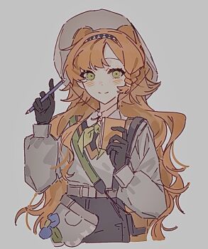 Rule 34 | 1girl, argyle clothes, argyle hairband, black gloves, brown shorts, closed mouth, collared shirt, commentary request, gloves, green eyes, green neckerchief, grey background, grey hat, grey shirt, hands up, hat, holding, holding notebook, holding pencil, long hair, looking at viewer, neckerchief, notebook, official alternate costume, orange hair, pencil, reverse:1999, shirt, shorts, smile, solo, sonetto (reverse:1999), two side up, upper body, xy mt2528