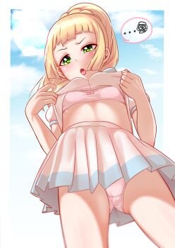 ... 1girl annoyed blonde_hair clothes_lift female_focus from_below green_eyes lillie_(pokemon) loli looking_at_viewer nintendo nora_neko_(fjya7473) open_mouth outdoors panties pink_panties pokemon pokemon_sm shirt_lift skirt sky solo spoken_squiggle squiggle standing sweat tongue underwear
