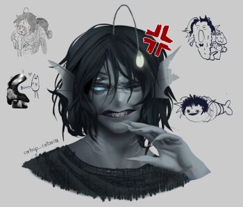 1boy anger_vein anglerfish_boy bags_under_eyes black_hair black_shirt blue_eyes catnip_cataria clenched_teeth doodle_inset empty_eyes extra_eyes finger_to_mouth fingernails fins gills hand_up head_fins head_tilt highres long_fingernails looking_at_viewer male_focus parted_lips portrait pressure_(roblox) sebastian_solace sharp_teeth shirt short_hair sidelocks teeth