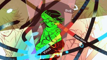 Rule 34 | .hack//, .hack//games, 1girl, 2boys, balmung (.hack//), black rose (.hack//), commentary request, cowboy shot, cut-in, energy, english text, facial mark, flipped hair, hat, hexagon, holding, holding sword, holding weapon, kite (.hack//), looking at viewer, multiple boys, partially colored, shoochiku bai, short hair, shoulder belt, sword, weapon