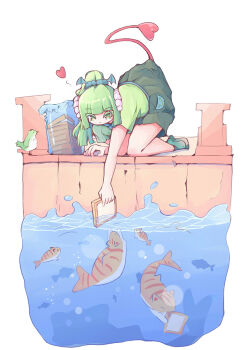 00759393 1girl bird bread bread_slice commentary_request feeding fish food green_eyes green_hair green_shirt heart highres horns kneeling loaf_of_bread mairimashita!_iruma-kun scrunchie shirt shoes tail valac_clara water