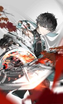 1boy absurdres aqua_coat black_gloves black_hair black_pants black_shirt blurry blurry_foreground chinese_commentary coat dan_heng_(honkai:_star_rail) dan_heng_(hunt)_(honkai:_star_rail) earrings eyeliner falling_leaves feet_out_of_frame fingerless_gloves foreshortening gloves grey_background grey_eyes hair_between_eyes highres holding holding_polearm holding_weapon honkai:_star_rail honkai_(series) jewelry leaf long_sleeves looking_at_viewer makeup male_focus maple_leaf motion_blur nnnnnova open_clothes open_coat pants pointing pointing_at_viewer pointing_melee_weapon polearm procreate_(medium) red_eyeliner reflection reflective_weapon serious shirt short_hair sideways_glance solo spear standing turtleneck turtleneck_shirt two-sided_coat two-sided_fabric weapon white_coat