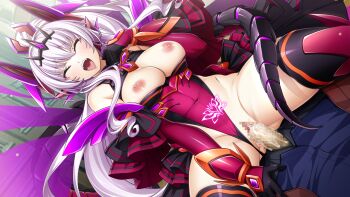 1boy 1girl abystia_dragoon black_tiara blush breasts breasts_out bright_pupils censored closed_eyes clothing_aside corruption covered_navel cum cum_in_pussy dark_persona detached_sleeves dutch_angle energy_wings game_cg girl_on_top gloves glowing glowing_tattoo headgear hetero horns inoino kouyoku_senki_exs-tia large_breasts large_variant_set leotard leotard_aside long_hair mosaic_censoring nipples non-web_source official_art open_mouth penis pointy_ears ponytail pubic_tattoo pubic_tattoo_through_clothing purple_wings pussy red_leotard rieszverne_suzette_paladill sex slit_pupils smile solo_focus tail tattoo thighhighs tiara vaginal variant_set very_long_hair white_hair white_pupils wings