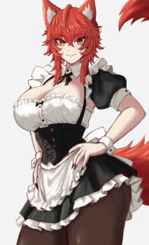 1girl absurdres animal_ears apron black_nails breasts cleavage closed_mouth commentary corset dress frilled_dress frilled_sleeves frills hands_on_own_hips highres large_breasts looking_at_viewer maid maid_apron meibin nail_polish pantyhose red_hair short_hair simple_background smile socks_agency solo tail virtual_youtuber white_background wolf_ears wolf_tail wrist_cuffs yellow_eyes zentreya