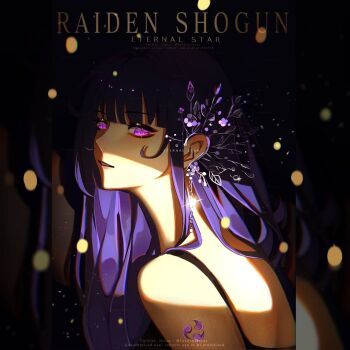 1eternalstar 1girl alternate_costume arm_tattoo artist_name back black_background black_dress blunt_bangs blurry character_name depth_of_field dress english_text from_side genshin_impact glint gloves hair_down hair_ornament head_tilt instagram_username leaning_to_the_side light_particles long_hair looking_at_viewer looking_to_the_side parted_lips pink_lips purple_eyes purple_hair raiden_shogun shade single_glove sleeveless solo standing tattoo tomoe_(symbol) twitter_username upper_body