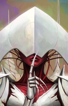 1girl absurdres colored_skin elesh_norn,_grand_cenobite female_focus finger_to_mouth highres magic:_the_gathering monster_girl no_eyes no_humans red_skin