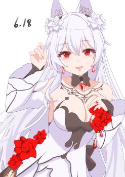 1girl absurdres animal_ears bare_shoulders bat_ears breasts chinese_commentary cleavage commentary_request dated detached_sleeves dress earrings flower hair_flower hair_ornament highres honkai_(series) honkai_impact_3rd jewelry large_breasts long_hair looking_at_viewer luna_(honkai_impact) luna_(till_death_do_us_part)_(honkai_impact) meow_maolai red_eyes simple_background smile solo very_long_hair white_background white_dress white_hair