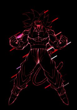 1boy absurdres body_fur dragon_ball dragon_ball_gt full_body gekiroo highres lineart long_hair male_focus monkey_tail muscular muscular_male open_mouth pants red_theme solo son_goku spiked_hair super_saiyan super_saiyan_4 tail topless_male