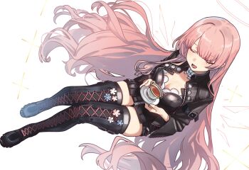 1girl absurdres arknights black_boots black_dress black_jacket black_thighhighs blush boots breasts cleavage closed_eyes commentary cup dress ebora energy_wings halo highres holding holding_plate jacket lemuen_(arknights) long_hair open_mouth pink_hair pink_halo pink_wings plate simple_background smile solo tea teacup teeth thigh_boots thighhighs thighs white_background wings
