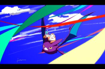 Rule 34 | @ @, bat (animal), black border, blue sky, border, colored sclera, crobat, flying, full body, gen 2 pokemon, gen 3 pokemon, green ribbon, isutai, looking at viewer, nintendo, no humans, orange fur, outdoors, panda, pokemon, pokemon (creature), red eyes, red ribbon, ribbon, simple background, sky, spinda, wings, yellow fur, yellow sclera