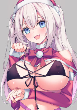 1girl :d aonu_koru arm_up bikini black_bikini blue_eyes blush breasts christmas cleavage commentary_request covered_erect_nipples detached_sleeves fang grey_background hair_between_eyes hat highres large_breasts long_hair looking_at_viewer navel oe2 open_mouth original pink_hair santa_hat sidelocks simple_background skin_fang smile swimsuit