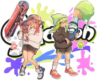 2girls :d chinese_commentary closed_mouth copyright_name copyright_notice fang full_body green_hair hood hoodie inkling inkling_girl inkling_player_character multiple_girls nintendo open_mouth red_hair shiba_(manbai_cnm) shoes shorts smile sneakers socks splatoon_(series) splatoon_2 splatter_background squid tentacle_hair weapon_request white_hoodie white_socks yellow_eyes