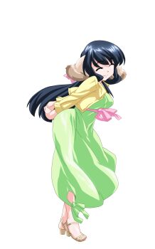 1girl ^_^ animal_ears anime_coloring arms_behind_back black_hair breasts closed_eyes closed_mouth cropped_jacket dog_ears dress extra_ears floppy_ears from_side full_body game_asset green_dress hair_ribbon half_updo highres hiiragi_mako jacket large_variant_set layered_clothes leaning_forward long_dress long_hair long_sleeves mahotama maki_daikichi medium_breasts official_art pink_sash ribbon sandals sash simple_background smile solo standing tachi-e tareme third-party_source transparent_background variant_set visual_novel_cg yellow_jacket