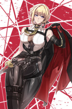 Rule 34 | 1girl, abstract background, arm strap, arm up, bare shoulders, black choker, black coat, black pants, blonde hair, breasts, chest harness, choker, coat, commentary request, cowboy shot, elbow gloves, evelyn chevalier, gloves, half gloves, harness, high-waist pants, highres, holding, holding coat, holding knife, holding unworn clothes, knife, large breasts, latex pants, long ribbon, looking to the side, necktie, pants, parted lips, purple eyes, red background, ring hair ornament, see-through clothes, shirt, single elbow glove, single half glove, sleeveless, sleeveless shirt, solo, tight clothes, tight pants, two-tone background, unworn coat, wg (dotori287), white background, white shirt, yellow necktie, zenless zone zero